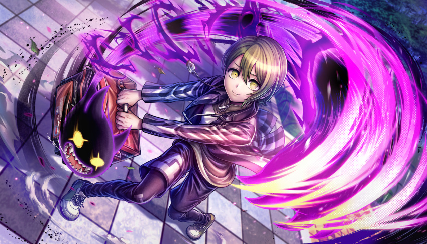 1boy, androgynous, bag, furrowed_brow, green_eyes, green_hair, hair_between_eyes, highres