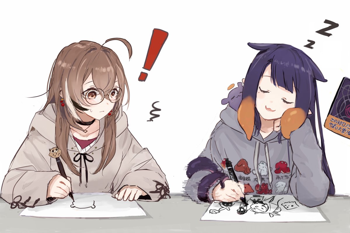 !, 2girls, ao-chan_(ninomae_ina'nis), black_choker, blunt_bangs, brown_eyes, brown_hair, choker