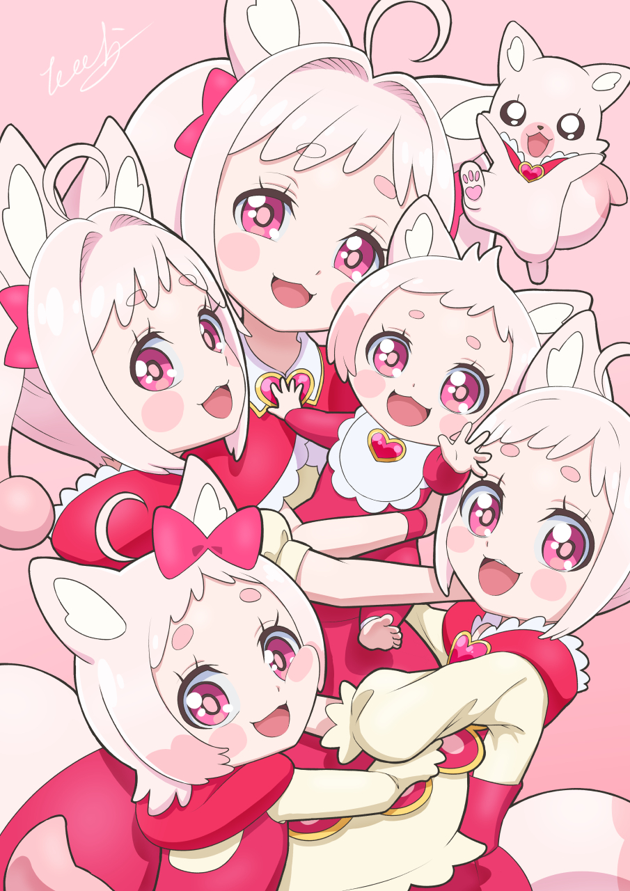 5girls, ahoge, animal_ears, artist_name, baby, brooch, capelet, carrying