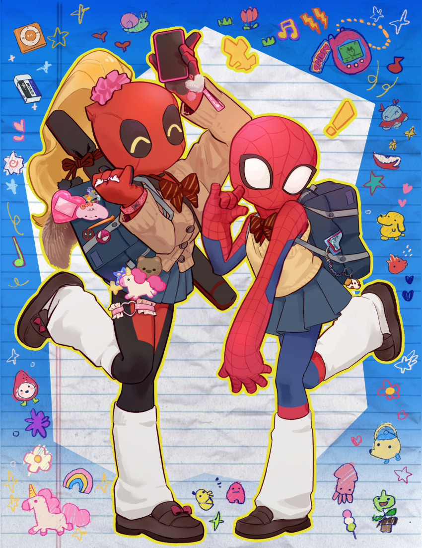 !, 2boys, asaki_r, backpack, bag, black_bodysuit, black_skirt, blue_bodysuit, bodysuit, bow, bowtie, bracelet, brown_jacket, brown_shoes, buttons, cellphone, charm_(object), chinese_commentary, closed_eyes, crossdressing, deadpool, deadpool_(series), footwear_bow, full_body, hand_up, hands_up, heart_ornament, highres, holding, holding_phone, jacket, jewelry, leg_warmers, long_sleeves, male_focus, marvel, miniskirt, multiple_boys, multiple_views, phone, pleated_skirt, purple_bow, red_bodysuit, red_bow, red_bowtie, ring, shoes, skirt, smartphone, spider-man, spider-man_(series), spider_web_print, standing, standing_on_one_leg, star_(symbol), striped_bow, striped_bowtie, striped_clothes, superhero_costume, sweater_vest, two-tone_bodysuit, weapon, weapon_on_back, yellow_sweater_vest