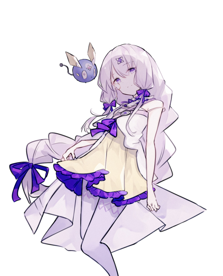 1girl, arcaea, bow, braid, charon_(arcaea), closed_mouth, commentary, dress, expressionless, feet_out_of_frame, hair_bow, hair_ornament, highres, lagrange_(arcaea), long_hair, looking_at_viewer, miyu_(miy_u1308), monocle, pantyhose, purple_bow, purple_trim, simple_background, single_braid, solo, strap_slip, very_long_hair, violet_eyes, white_background, white_hair, white_pantyhose, yellow_dress