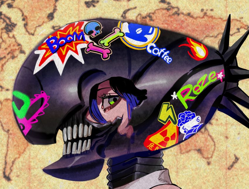 1girl, blue_hair, bomb, bomb_devil_(chainsaw_man), cartoon_bone, chainsaw_man, character_name, commentary_request, cracked_mask, explosive, from_side, green_eyes, highres, mojiba7, reze_(chainsaw_man), solo, sticker, teeth