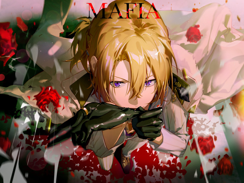 black_gloves, blonde_hair, commentary, english_commentary, flower, from_above, gloves, highres