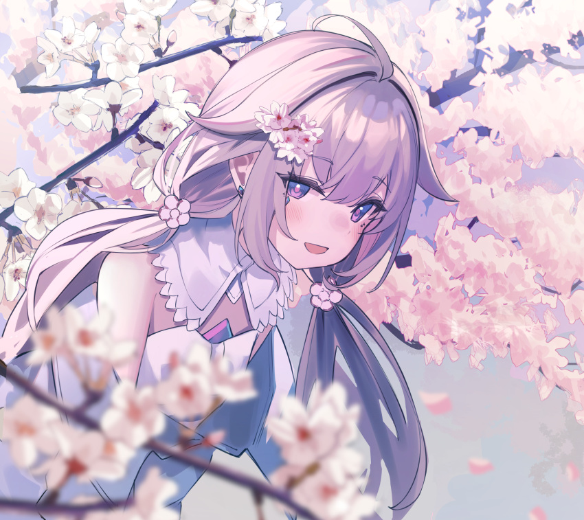 1girl, absurdres, alternate_costume, alternate_hairstyle, cherry_blossoms, chest_jewel, dress, flower, gem, grey_hair, hair_flower, hair_ornament, highres, hololive, hololive_english, jewel_under_eye, koseki_bijou, long_hair, looking_at_viewer, low_twintails, open_mouth, outdoors, petals, purple_gemstone, ricke_2002, solo, twintails, violet_eyes, virtual_youtuber, white_dress