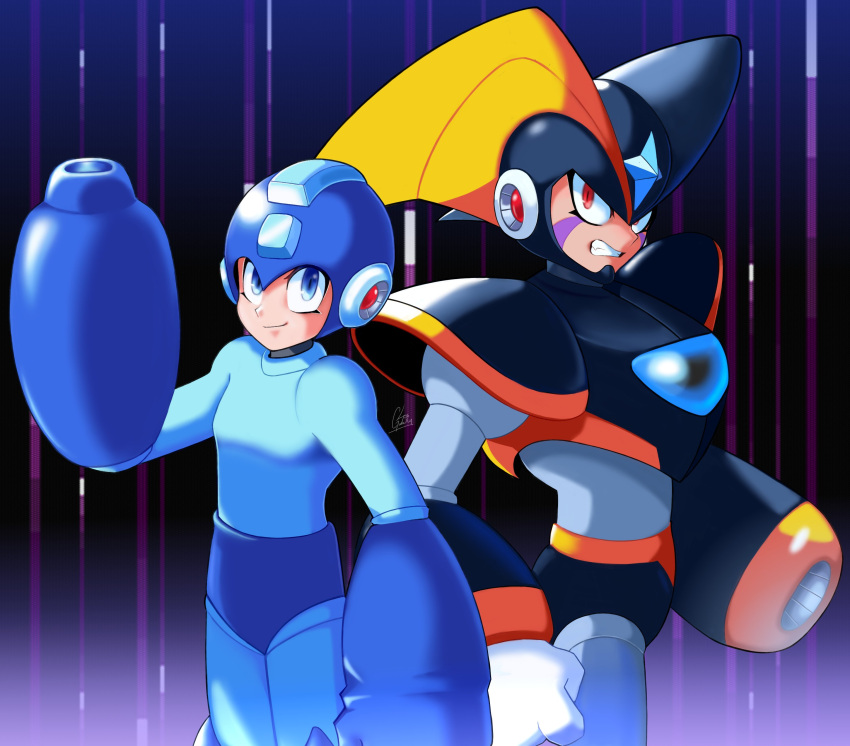2boys, absurdres, arm_cannon, armor, bass_(mega_man), black_armor, blue_bodysuit, blue_eyes