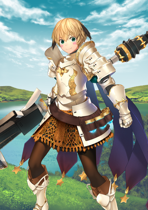 1girl, armor, armored_boots, belt, blonde_hair, blue_sky, blush_stickers, boots, breastplate, brown_belt, brown_boots, brown_pantyhose, brown_skirt, closed_mouth, clouds, couter, day, fate/grand_order, fate_(series), faulds, feet_out_of_frame, game_cg, gareth_(fate), gareth_(third_ascension)_(fate), gauntlets, gold_trim, green_eyes, green_shirt, hair_between_eyes, holding, holding_polearm, holding_weapon, juliet_sleeves, lake, legs_apart, long_sleeves, looking_at_viewer, miniskirt, nekotawawa, official_art, pantyhose, pauldrons, polearm, puffy_sleeves, shirt, short_hair, shoulder_armor, skirt, sky, smile, solo, standing, third-party_source, variant_set, weapon, white_armor