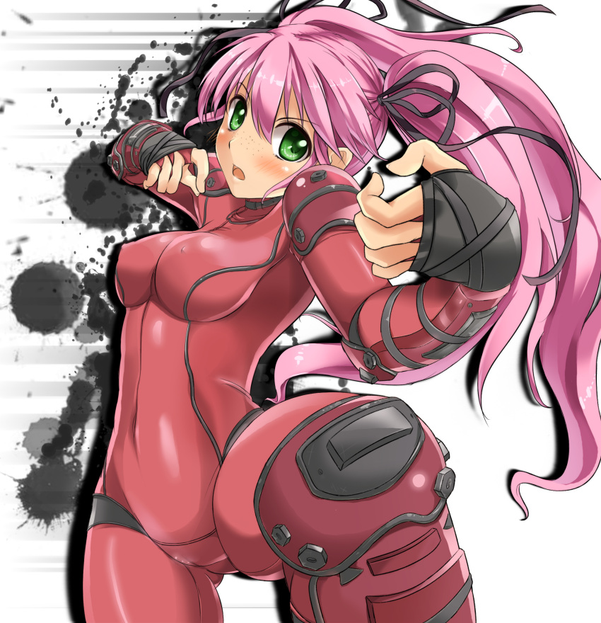 bad_id, blush, bodysuit, breasts, character_request, erect_nipples, fighting_stance, freckles, gloves, green_eyes, highres, li_raichi, long_hair, open_mouth, pink_hair, shijou_saikyou_no_deshi_ken'ichi, shijou_saikyou_no_deshi_ken'ichi, skin_tight, solo, twintails