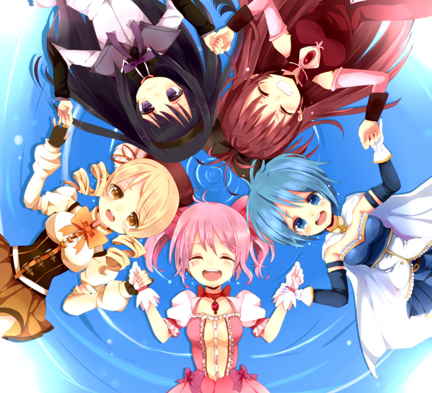akemi_homura, beret, black_hair, blonde_hair, blue_eyes, blue_hair, cape, circle_formation