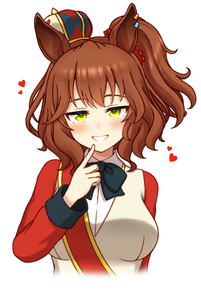 1girl, absurdres, animal_ears, aston_machan_(umamusume), blush, breasts, brown_hair, commentary_request