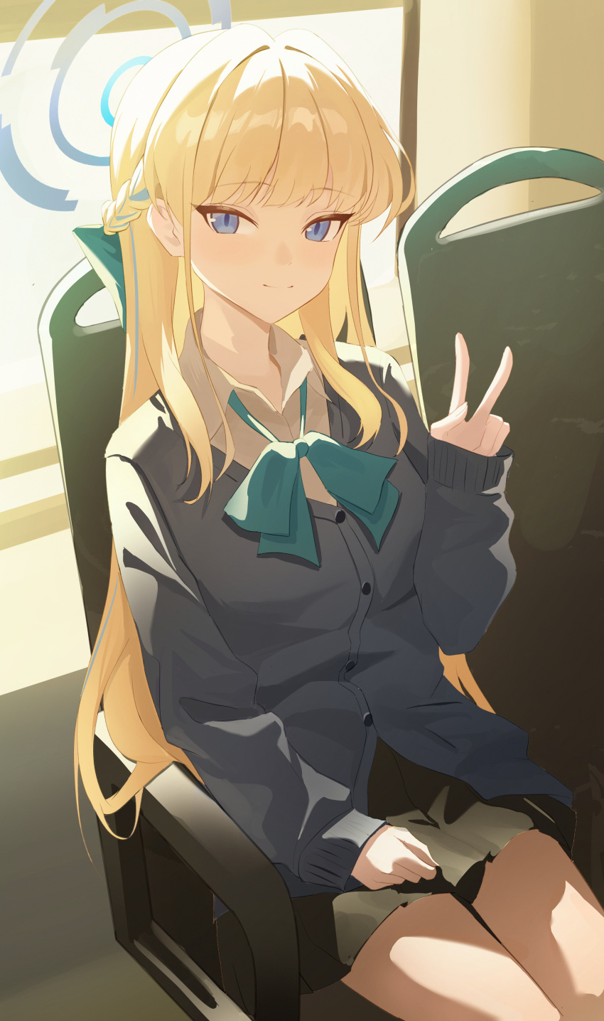 1girl, absurdres, black_skirt, blonde_hair, blue_bow, blue_cardigan, blue_eyes, blush