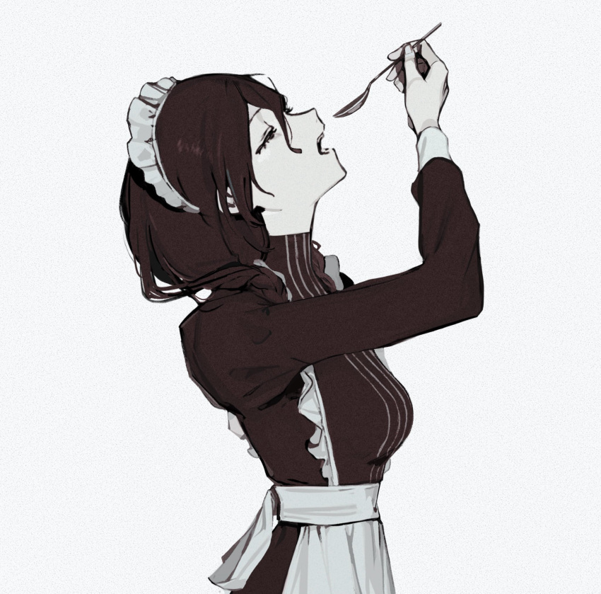 1girl, alternate_costume, alternate_hair_color, alternate_hairstyle, apron, black_hair, breasts, closed_eyes