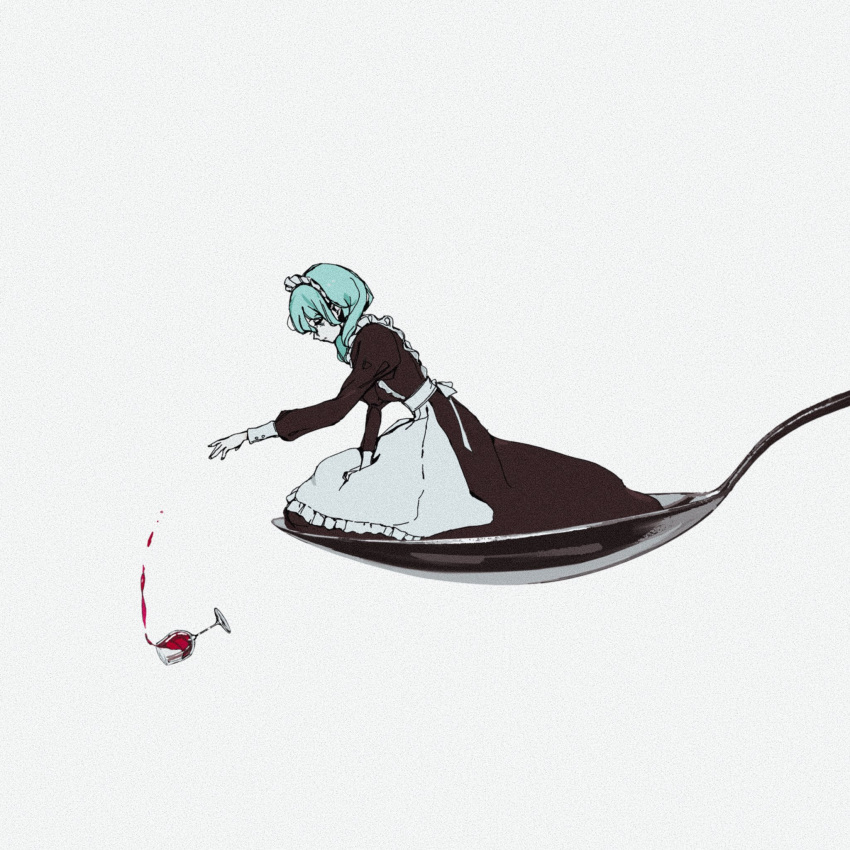 1girl, alcohol, alternate_costume, alternate_hairstyle, apron, commentary_request, cup, drinking_glass