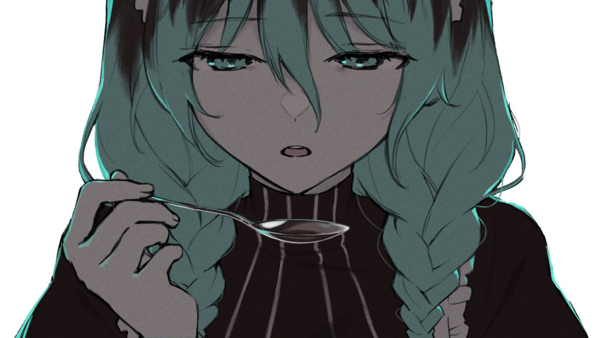 1girl, alternate_costume, alternate_hair_color, alternate_hairstyle, aqua_eyes, aqua_hair, backlighting, black_dress