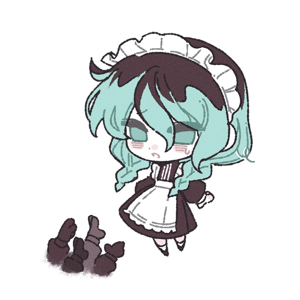 1girl, alternate_costume, alternate_hair_color, alternate_hairstyle, apron, aqua_eyes, aqua_hair, bags_under_eyes