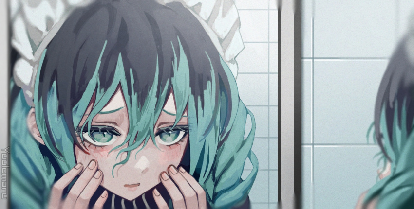 1girl, alternate_costume, alternate_hair_color, alternate_hairstyle, aqua_eyes, aqua_hair, bathroom, black_hair, blush, braid, furrowed_brow, hair_between_eyes, hair_over_shoulder, hands_on_own_cheeks, hands_on_own_face, hands_up, hatsune_miku, indoors, long_hair, looking_at_reflection, maid, maid_headdress, mirror, multicolored_hair, open_mouth, reflection, saji_no_majinai_(vocaloid), solo, tile_wall, tiles, twin_braids, two-tone_hair, vocaloid, yangie37