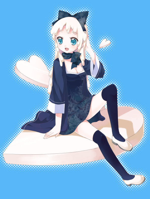 blue_eyes, blue_kneehighs, blue_legwear, blush, bow, breasts, cardigan, chocolate, chocolate_heart, cleavage, dress, hair_bow, hair_ribbon, hand_in_hair, heart, kneehighs, long_hair, long_sleeves, looking_away, namori, open_mouth, original, polka_dot, pumps, ribbon, scarf, shoes, short_dress, sitting, smile, solo, star, thighhighs, white_chocolate, wide_sleeves