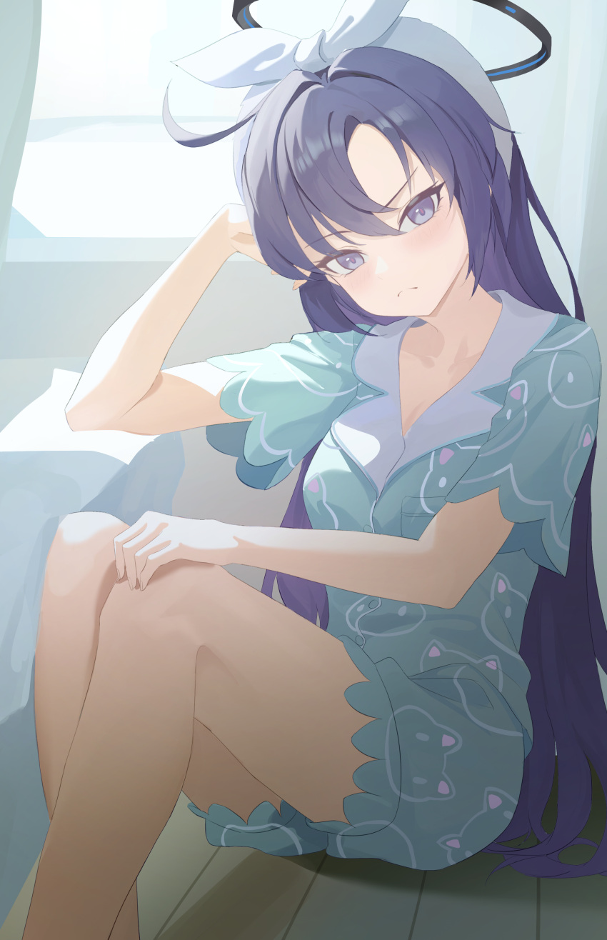 1girl, absurdres, angry, animal_print, blue_archive, blue_eyes, blue_hair, blue_pajamas, blue_shirt, blue_shorts, blush, cat_print, closed_mouth, hair_between_eyes, hairband, highres, long_hair, looking_at_viewer, official_alternate_costume, official_alternate_hairstyle, pajamas, shirt, short_sleeves, shorts, sidelocks, solo, szai, white_hairband, yuuka_(blue_archive), yuuka_(pajamas)_(blue_archive)