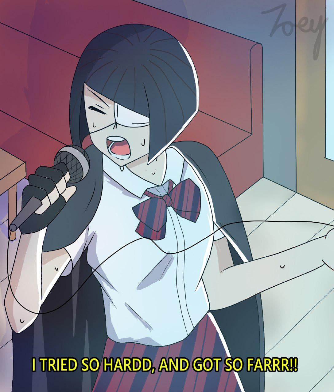 1girl, black_hair, fake_screenshot, highres, itan_private_high_school_uniform, karaoke, komi-san_wa_komyushou_desu, microphone