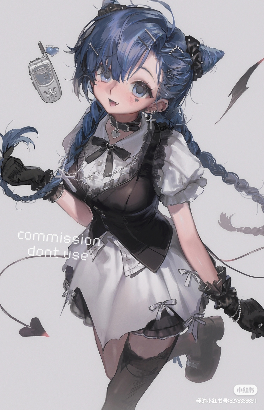 1girl, ahoge, black_gloves, black_thighhighs, blue_eyes, blue_hair, blush, bow