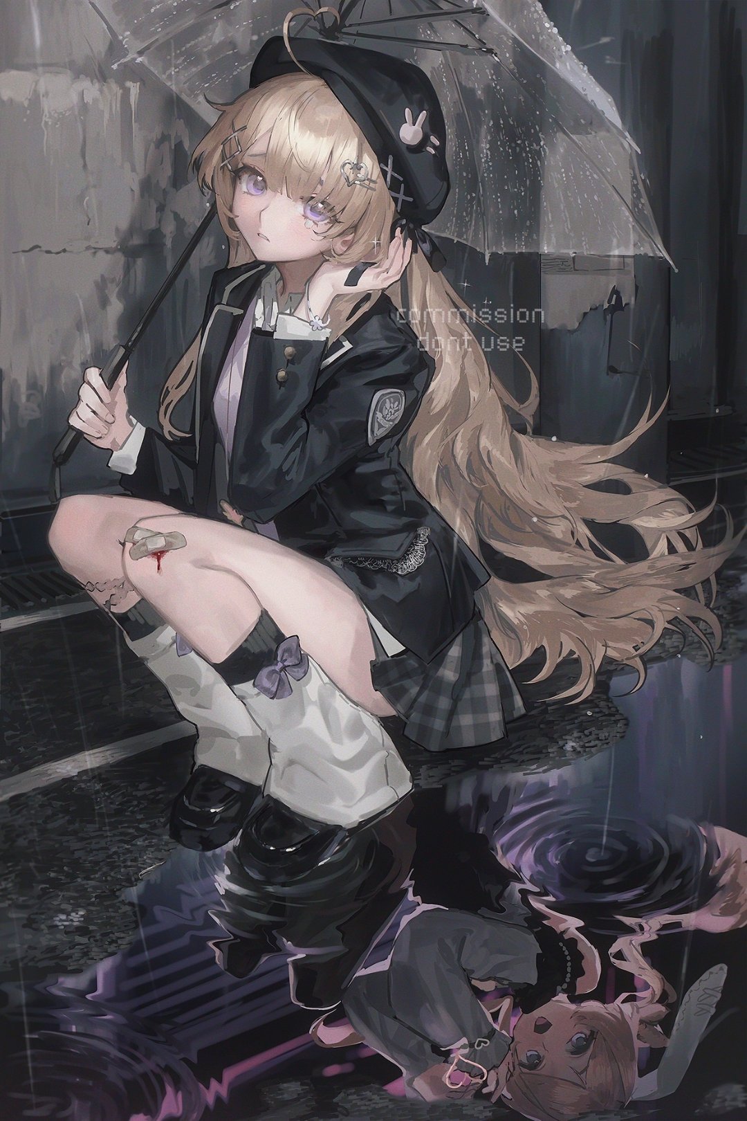 1girl, bandaid, bandaid_on_leg, beret, black_jacket, blonde_hair, blood, diurtion