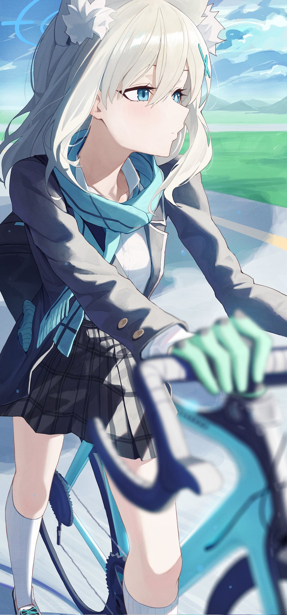 1girl, animal_ear_fluff, bicycle, black_jacket, black_skirt, blue_archive, blue_eyes, blue_halo