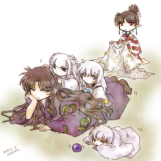 2girls, 3boys, baby, black_hair, blunt_bangs, chizuru_210, dated, expressionless
