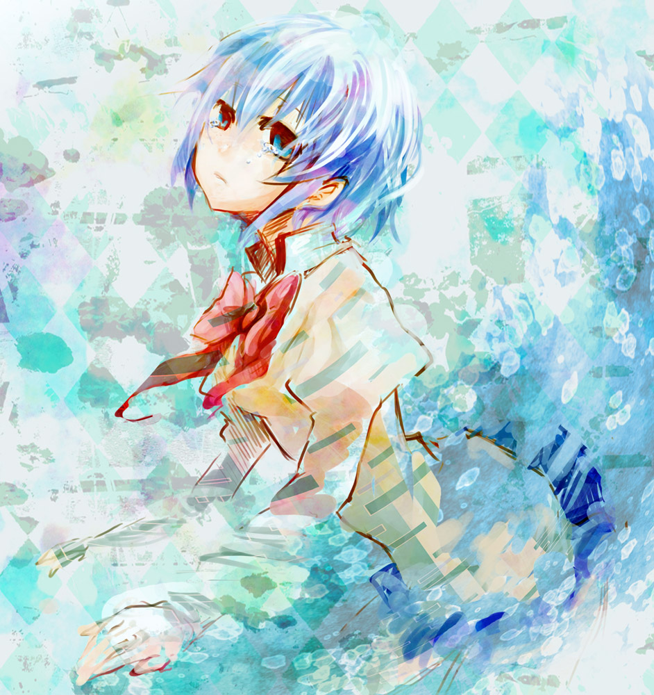 blue_hair, bow, himetachibana, mahou_shoujo_madoka_magica, miki_sayaka, school_uniform, short_hair, skirt