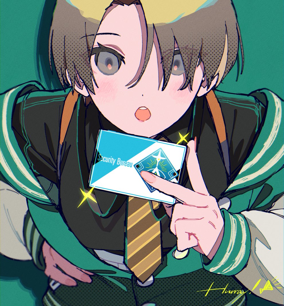 1girl, announcement_celebration, cowboy_shot, green_background, grey_eyes, hatsuse_noa, id_card, leaning_forward