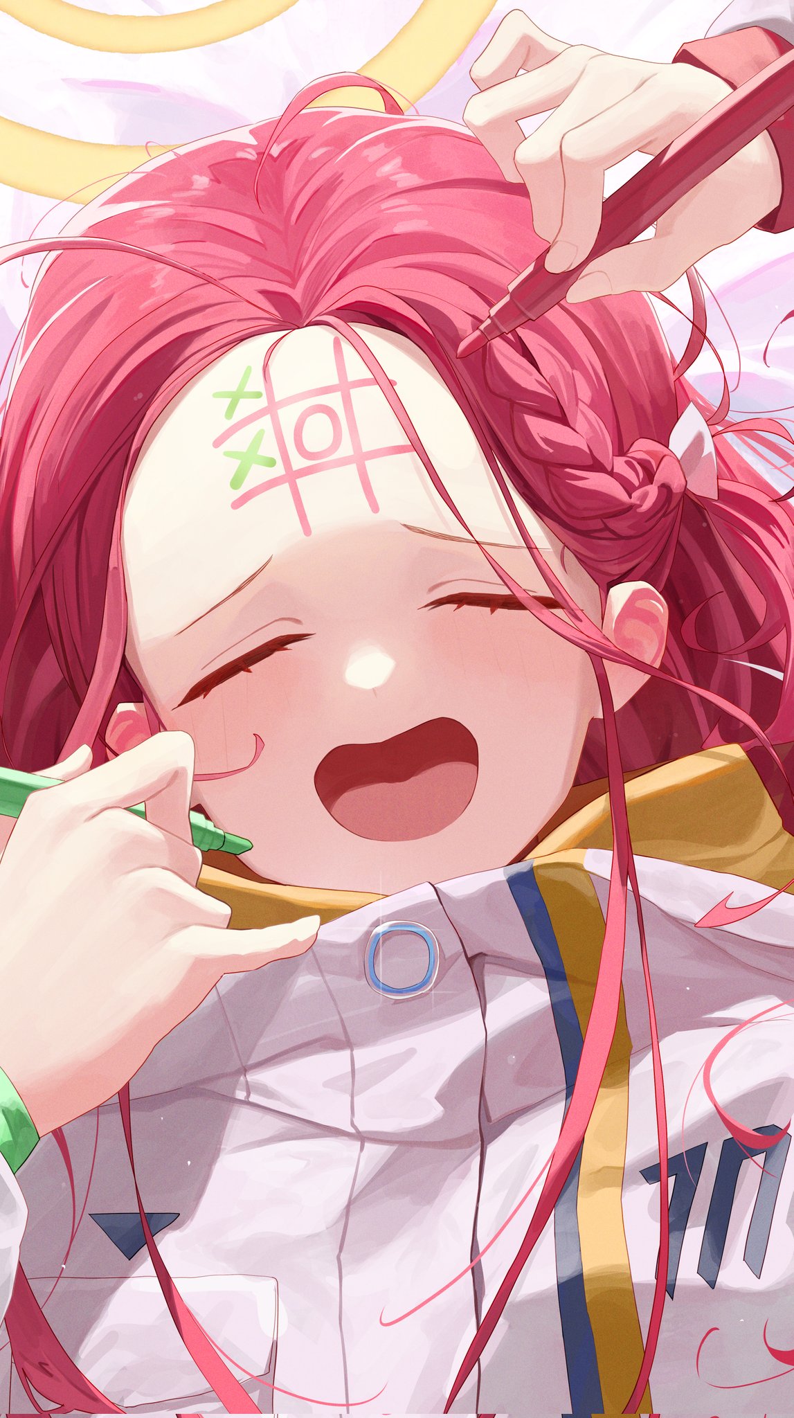 3girls, blue_archive, blush, bow, braid, closed_eyes, coat, commentary_request