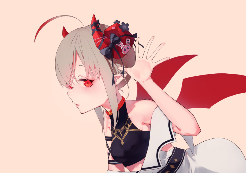 1girl, absurdres, ahoge, bare_shoulders, belt, belt_collar, bent_over, black_flower