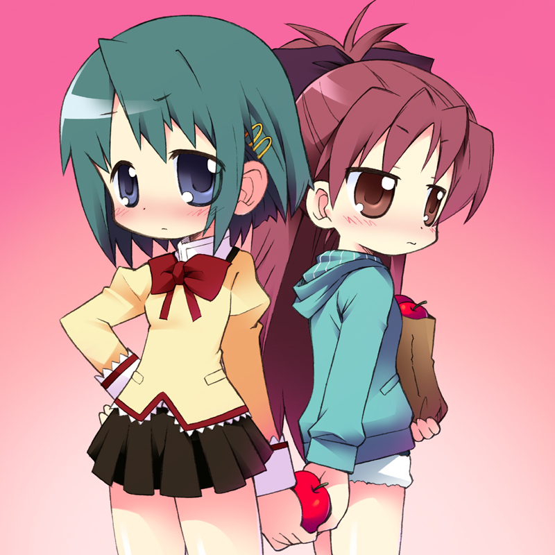 bag, blue_eyes, blue_hair, blush, bow, chibi, food, fruit