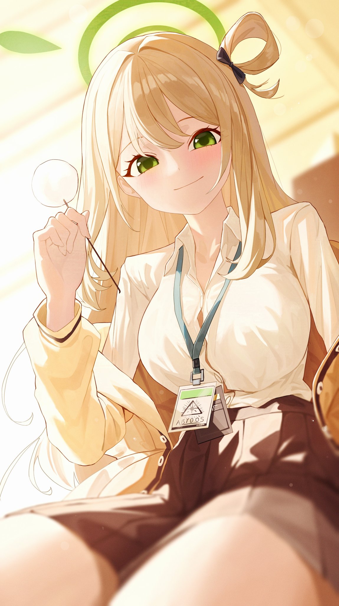 1girl, abydos_high_school_logo, black_bow, black_skirt, blonde_hair, blue_archive, blurry, blush