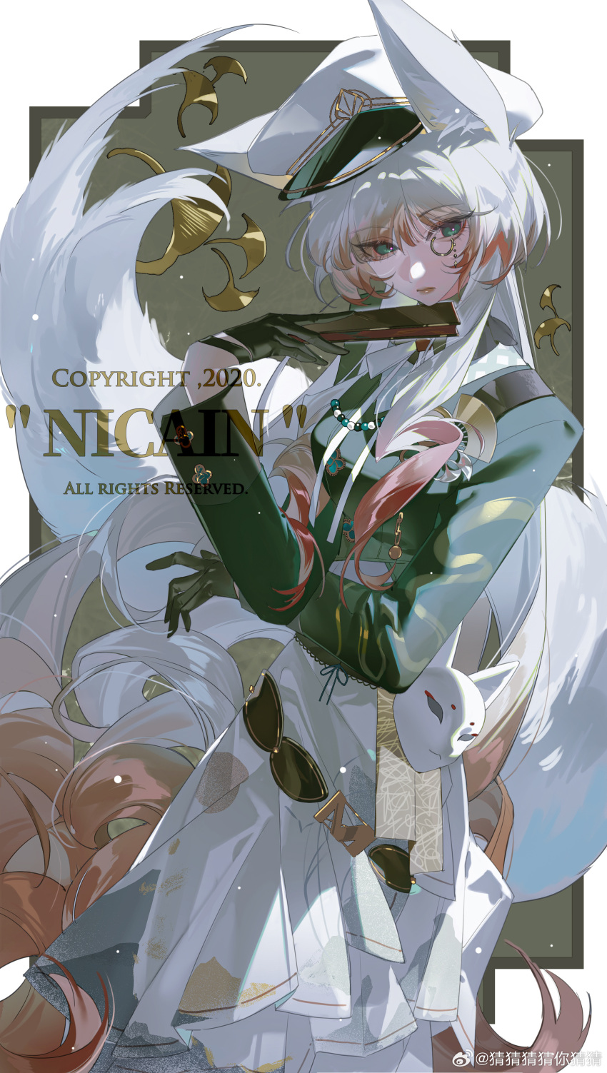 1girl, absurdres, animal_ears, black_gloves, caicaicaicai_ni_caicai, folding_fan, fox_ears, fox_tail