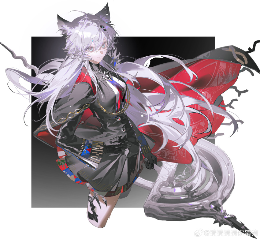 1girl, absurdres, animal_ears, arknights, black_coat, black_dress, black_gloves, black_jacket
