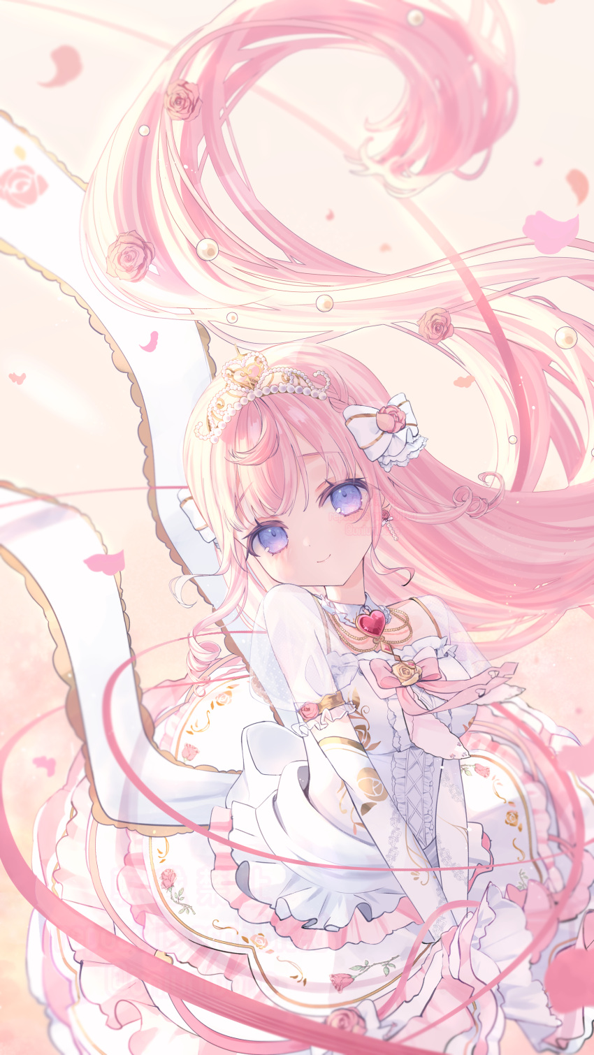 1girl, absurdres, bow, collar, dress, earrings, elbow_gloves, floating_hair