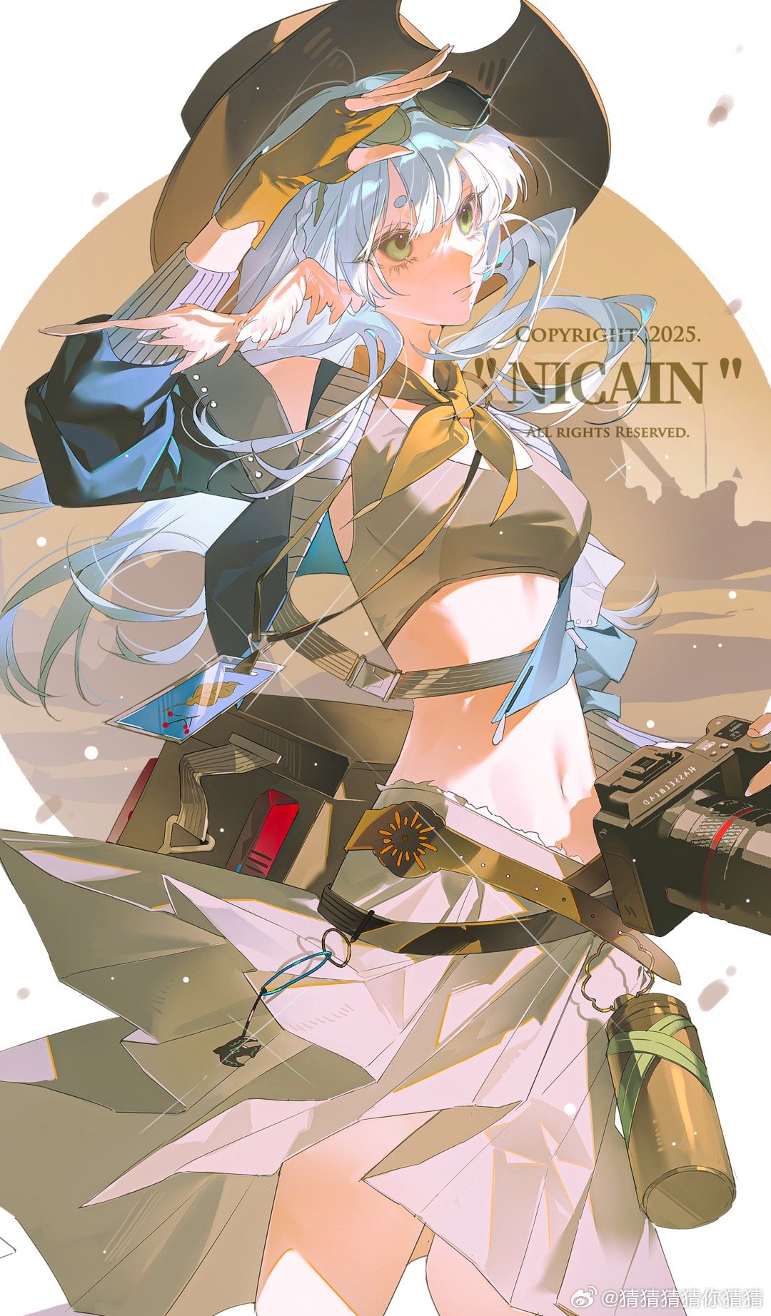 1girl, belt, blue_hair, breasts, caicaicaicai_ni_caicai, cowboy_shot, crop_top, fingerless_gloves