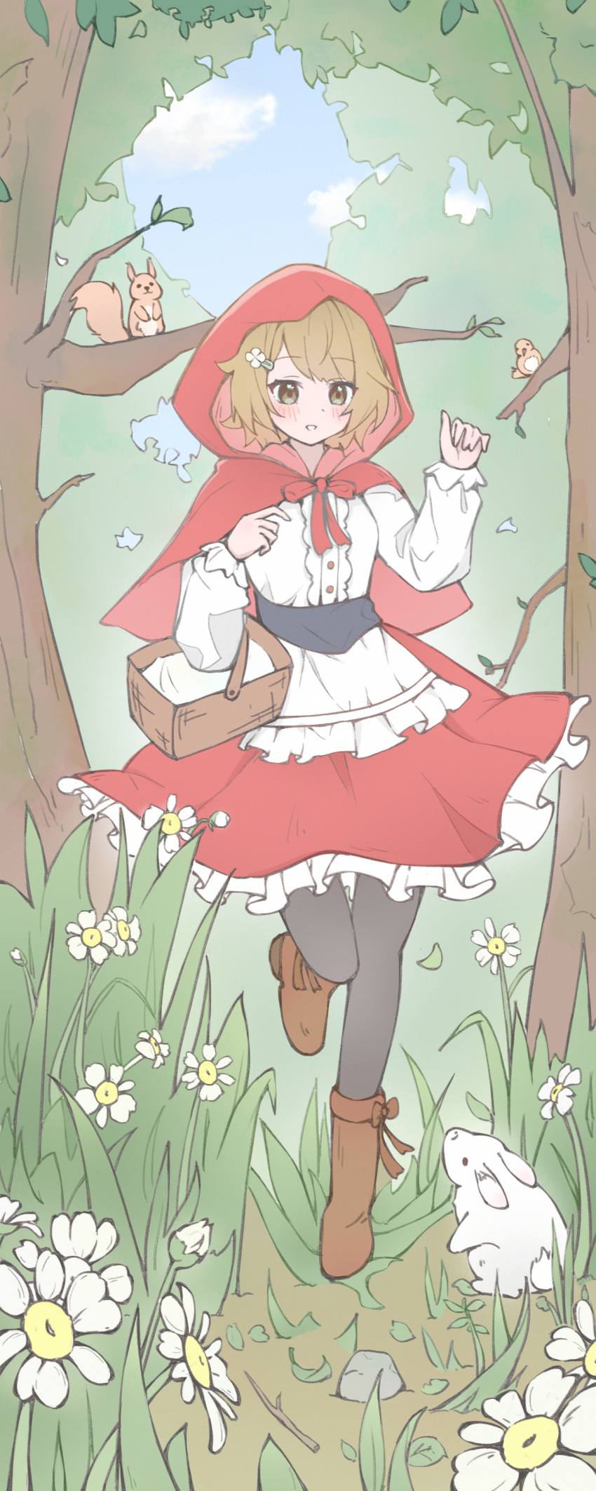 1girl, :d, absurdres, basket, bird, black_pantyhose, blue_sky, blush