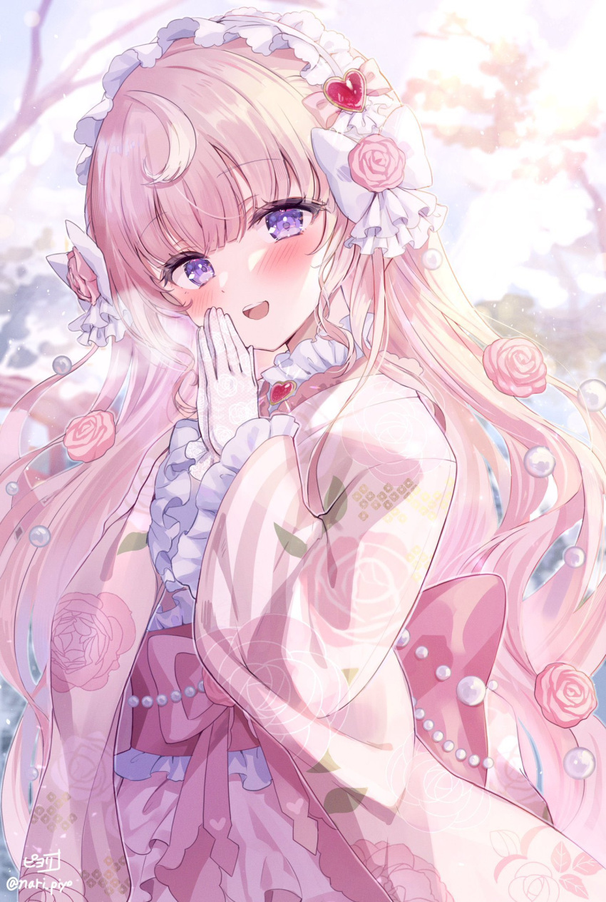 1girl, alternate_costume, blush, floral_print, floral_print_kimono, flower, frilled_hairband, frilled_kimono