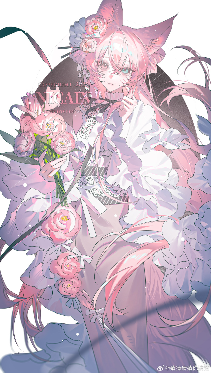 1girl, absurdres, animal_ears, blue_eyes, caicaicaicai_ni_caicai, dress, flower, frills, hair_flower, hair_ornament, heterochromia, highres, holding, long_hair, long_sleeves, looking_at_viewer, original, pink_eyes, pink_flower, pink_hair, ribbon, solo, very_long_hair, white_background