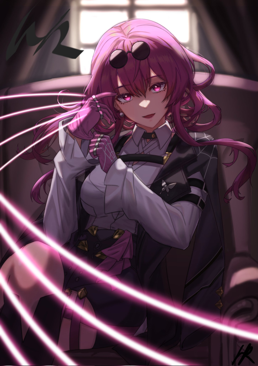 1girl, black_jacket, chest_harness, collared_shirt, commentary_request, eyewear_on_head, frilled_sleeves, frills