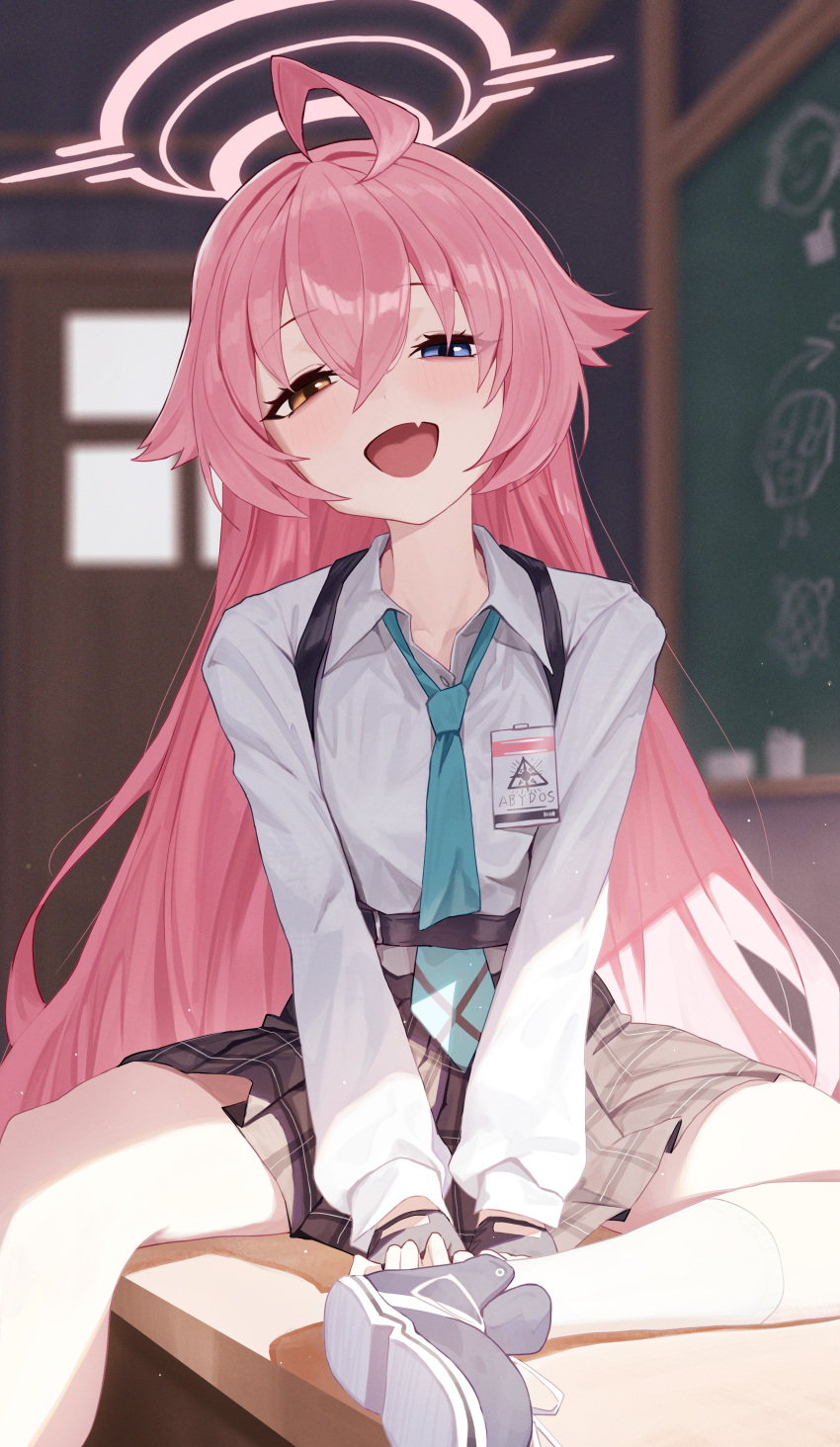1girl, :d, absurdres, abydos_high_school_logo, ahoge, black_gloves, black_skirt, blue_archive