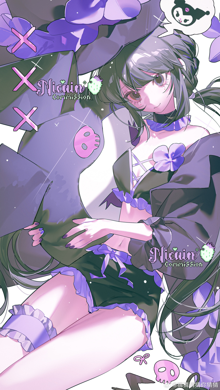 1girl, absurdres, black_hair, breasts, caicaicaicai_ni_caicai, frilled_thigh_strap, highres, long_hair