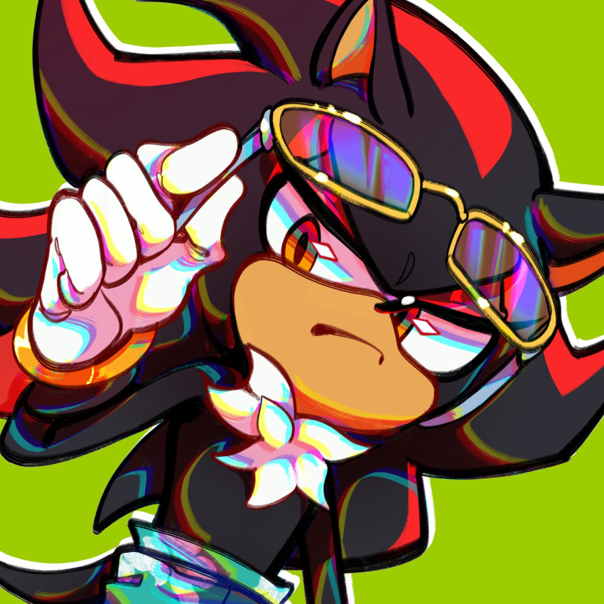 1boy, adjusting_eyewear, animal_ears, animal_nose, black_fur, body_fur, bracelet, closed_mouth, eyewear_on_head, furry, furry_male, glasses, gloves, gold_bracelet, green_background, hedgehog, highres, jewelry, looking_at_viewer, male_focus, multicolored_fur, pants, red_eyes, red_fur, shadow_the_hedgehog, solo, sonic_(series), sunglasses, tail, vanxllavina, white_gloves, yellow-framed_eyewear