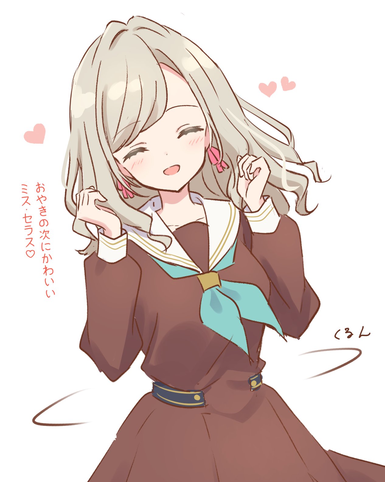 1girl, :d, ^_^, aqua_neckerchief, blush, breasts, brown_dress, ceras_yanagida_lilienfeld, closed_eyes, collarbone, commentary, cowboy_shot, dress, facing_viewer, grey_hair, hair_intakes, hair_ribbon, hanazora_satsuki, hands_up, hasu_no_sora_school_uniform, heart, highres, link!_like!_love_live!, long_hair, long_sleeves, love_live!, medium_breasts, neckerchief, pink_ribbon, pleated_dress, ribbon, sailor_collar, sailor_dress, school_uniform, simple_background, smile, solo, swept_bangs, symbol-only_commentary, translation_request, virtual_youtuber, white_background, white_sailor_collar, winter_uniform