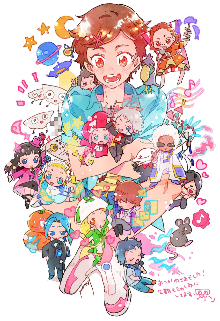 5girls, 6+boys, akira_mitsuru, ascot, bird, black_hair, blonde_hair, blue_hair