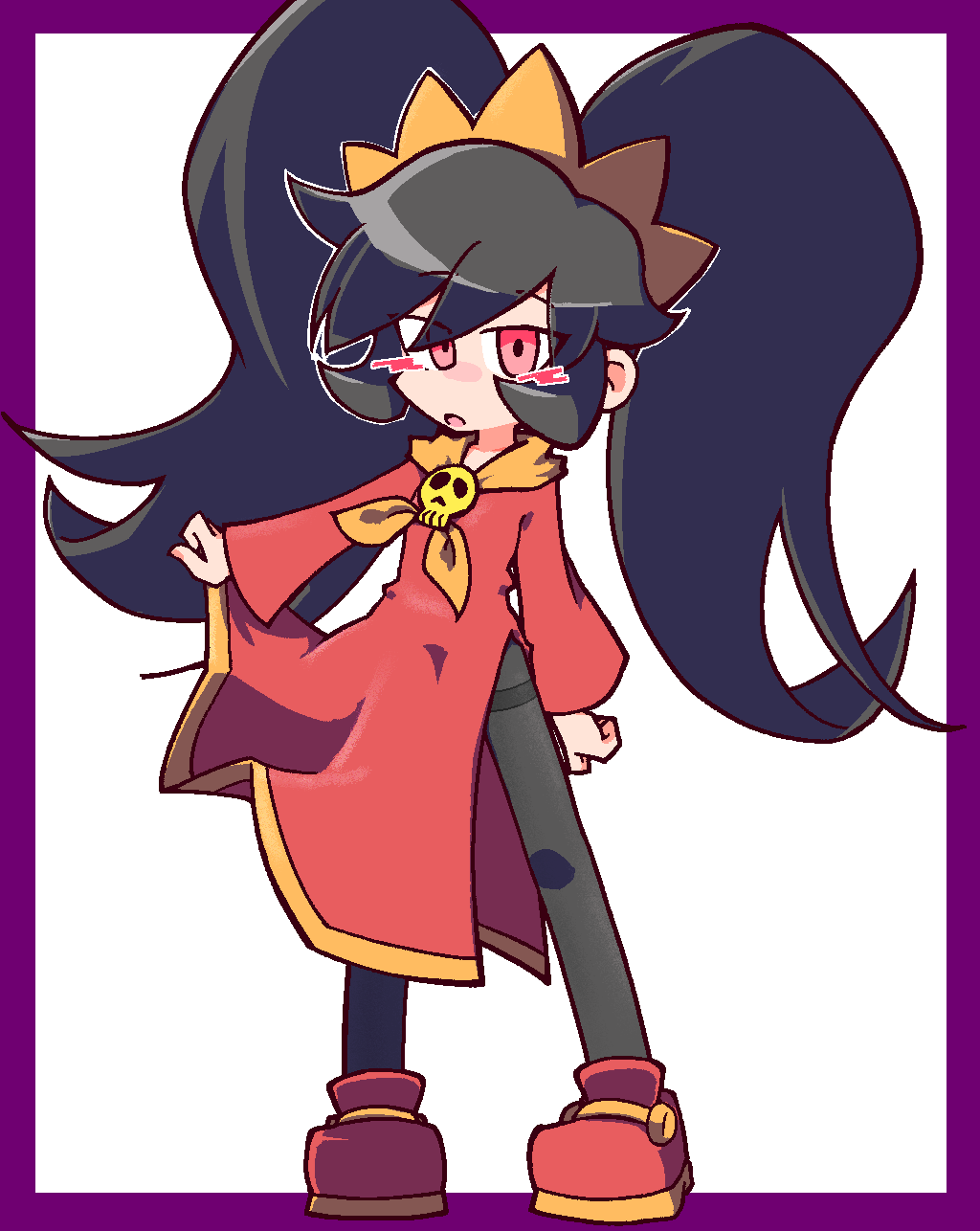 1girl, :o, adapted_costume, arm_at_side, ashley_(warioware), big_hair, black_hair, black_pantyhose
