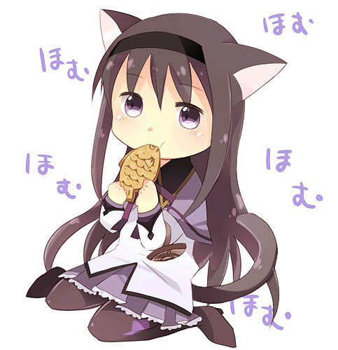 akemi_homura, animal_ears, black_hair, blush, cat_ears, cat_tail, chibi, eating
