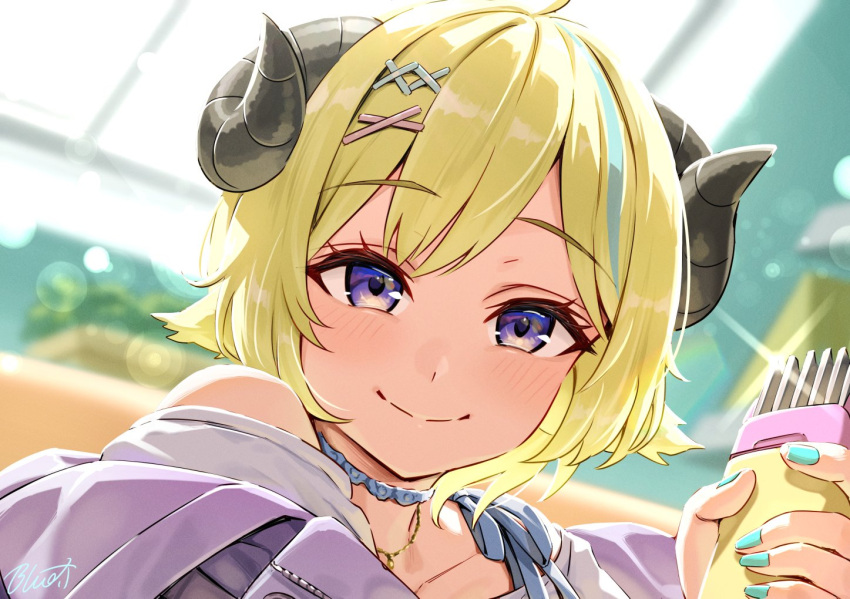 1girl, animal_ears, blue_hair, buru-dai, choker, commentary_request, glint, hair_clipper