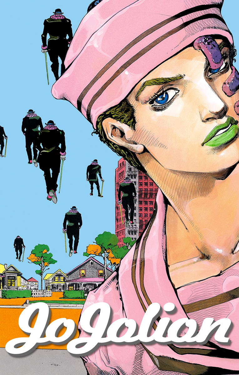 1boy, 1other, araki_hirohiko, black_hat, black_pants, blue_eyes, blue_sky, bowler_hat