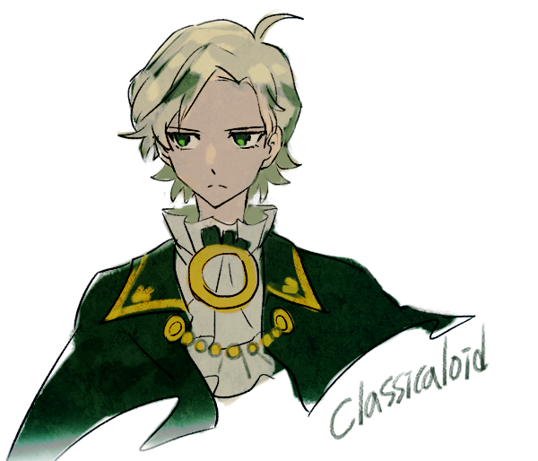 1boy, ascot, blonde_hair, capelet, classicaloid, closed_mouth, commentary_request, copyright_name, expressionless, green_capelet, green_eyes, long_sleeves, male_focus, mtfreecell, richard_wagner_(classicaloid), short_hair, simple_background, solo, white_ascot, white_background